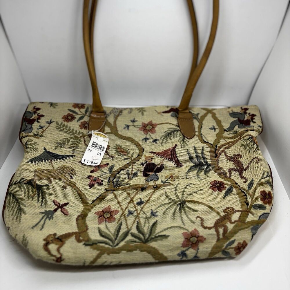 Talbots Made In Italy Safari Woven Tote Bag Tan Genuine Leather Trim Y2K NWT